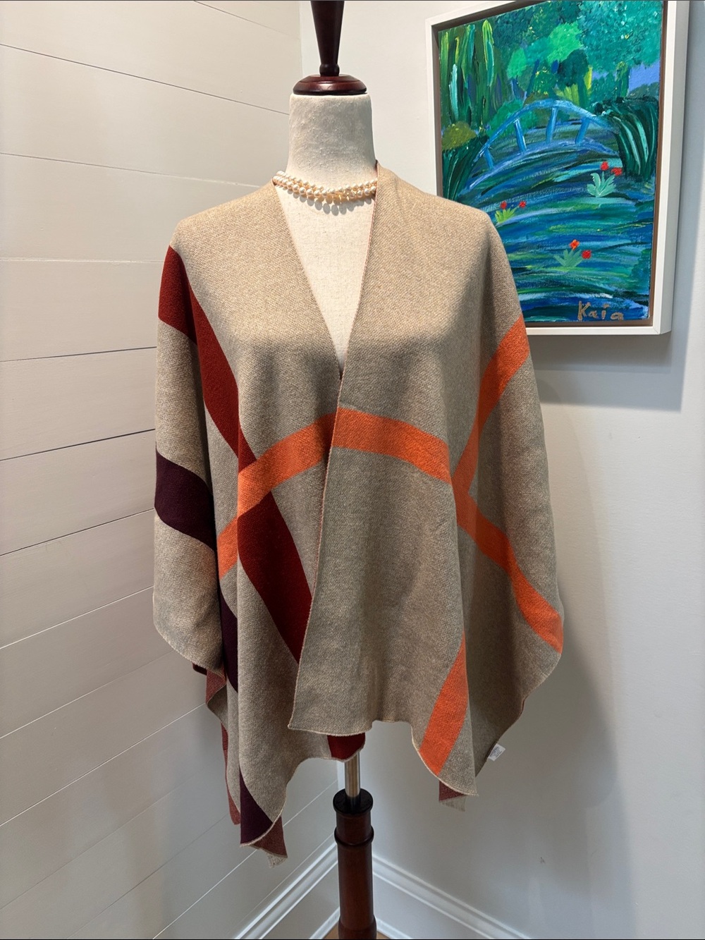 Talbots Neutral Plaid Open-Front Poncho Sweater Reversible NWT